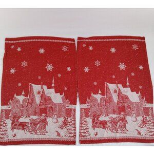 2 Williams Sonoma Christmas Winter Village Santa Snowflakes Cotton Hand Towels
